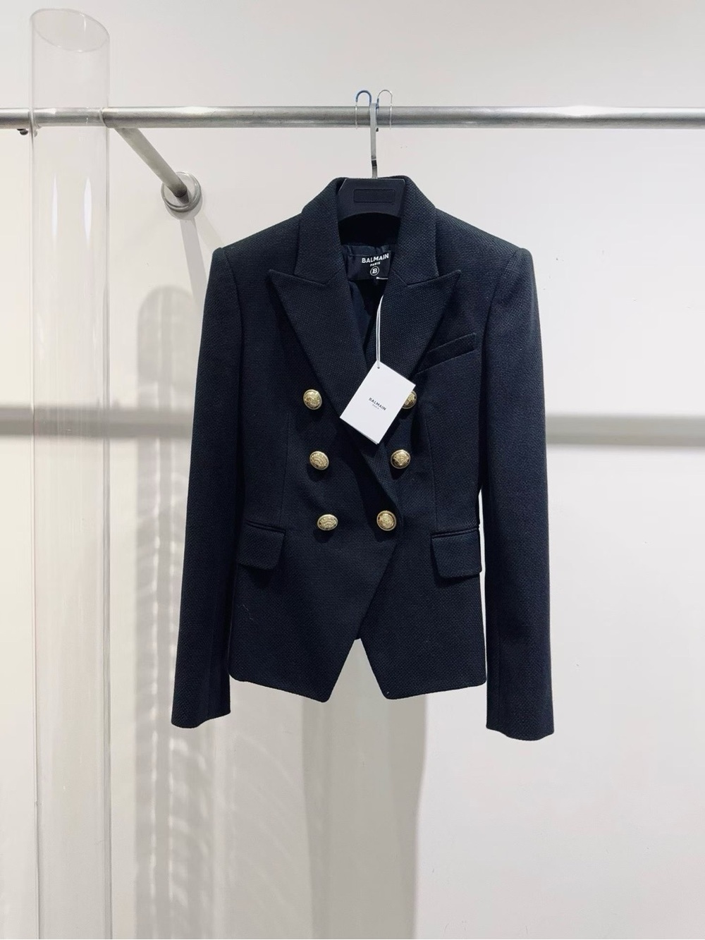 Balmain Navy Textured Double-Breasted Blazer with Gold Buttons